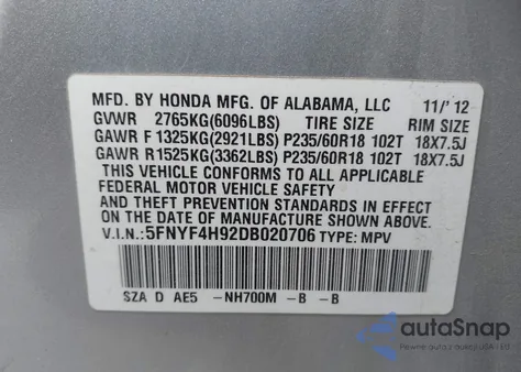 2013 Honda Pilot Touring z USA, uszkodzony, nr VIN 5FNYF4H92DB020706